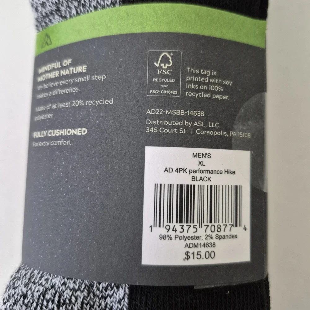 Alpine Design Hiking Socks Mens XL‎ Crew Cushioned 4 Pack Performance Outdoor
